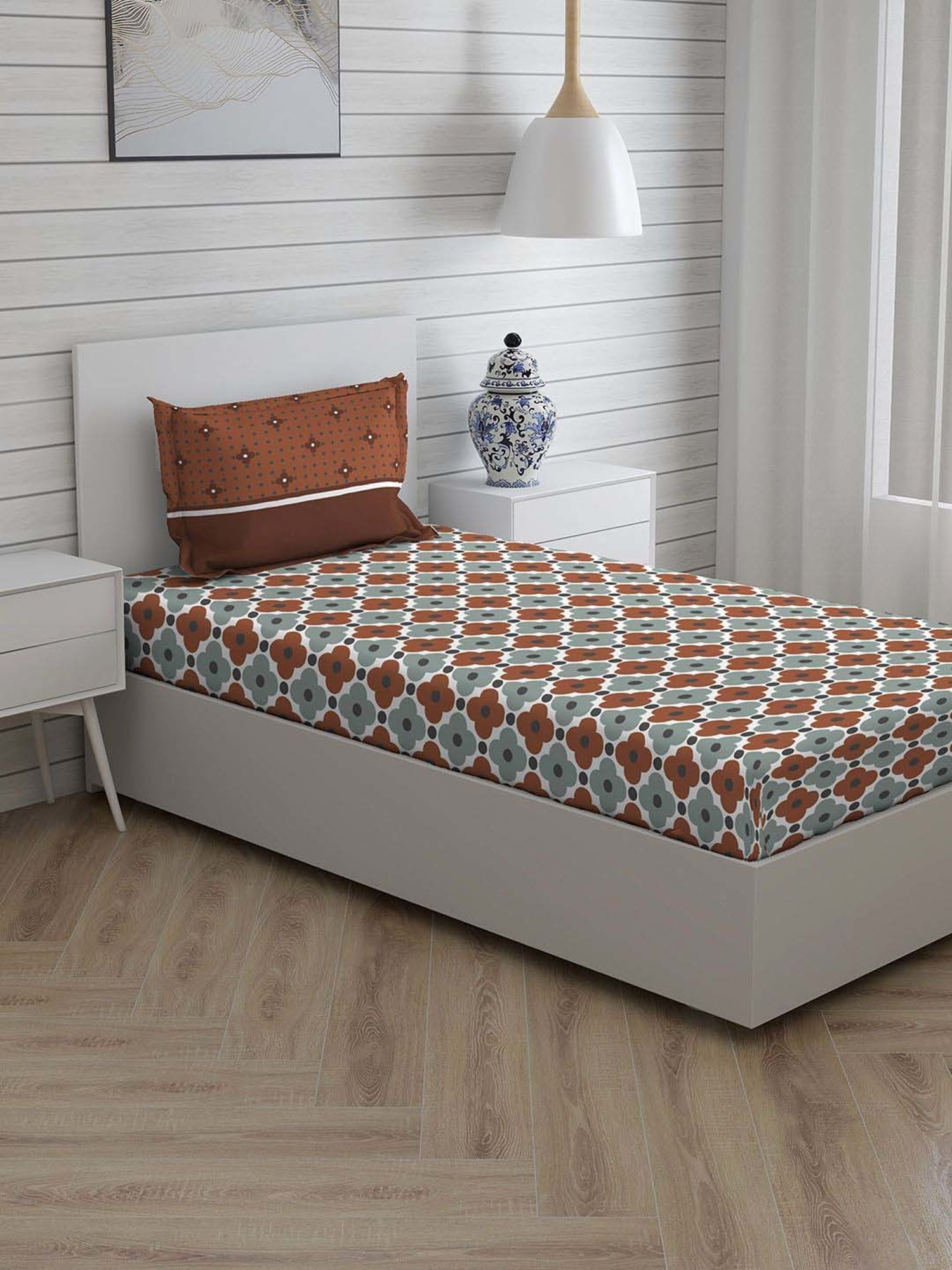 Layers Turin Brown & Grey Cotton 104 TC Single Size Bed Sheet with Pillow Cover