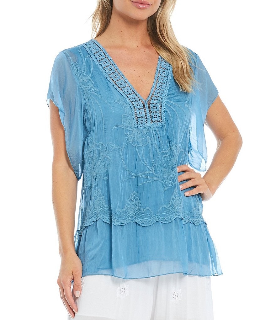 M Made in Italy V-Neck Flutter Short Sleeve Embroidered Layered Silk Blend Top