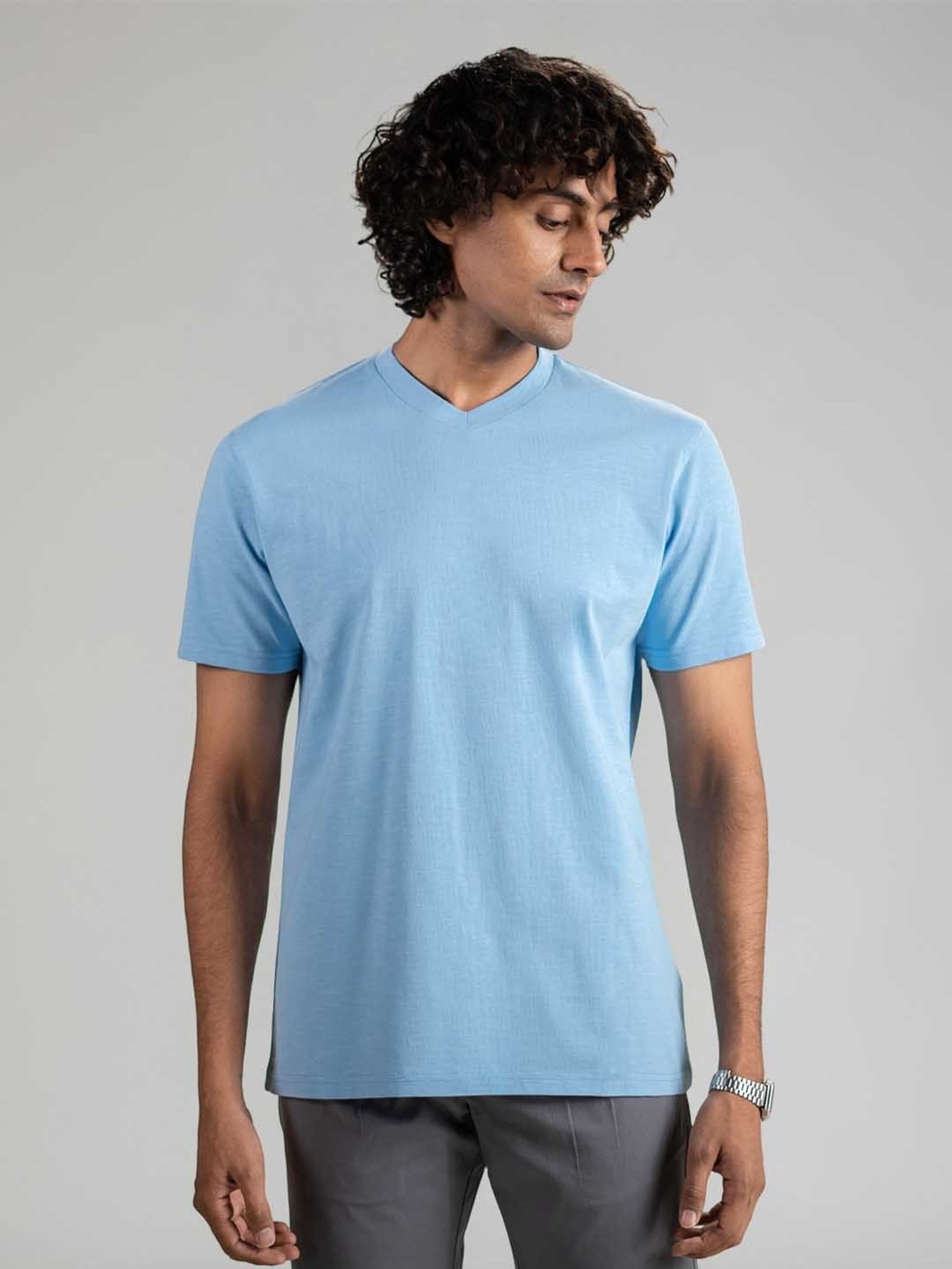 SUBTRACT Airy Blue Regular Fit Cotton V-Neck T-Shirt
