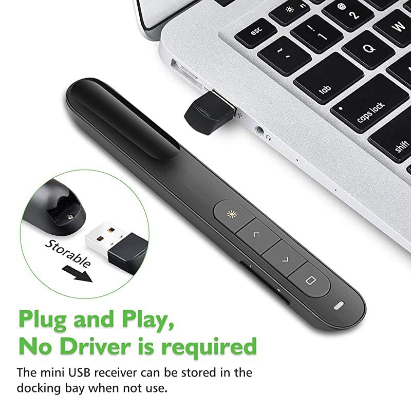 Wireless Presenter Green Light Rechargeable Presentation Remote Powerpoint Clicker with Laser Pointer PPT Slides Clicker Support Hyperlink RF 24GHz