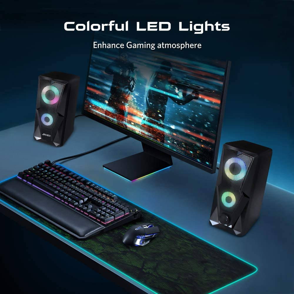 Computer Speakers 10W RGB Gaming PC Speaker with Enhanced Stereo Colorful LED Light, Dual-Channel Multimedia USB Powered Gaming Speakers for PC Desktop Laptop Tablet Smartphones.