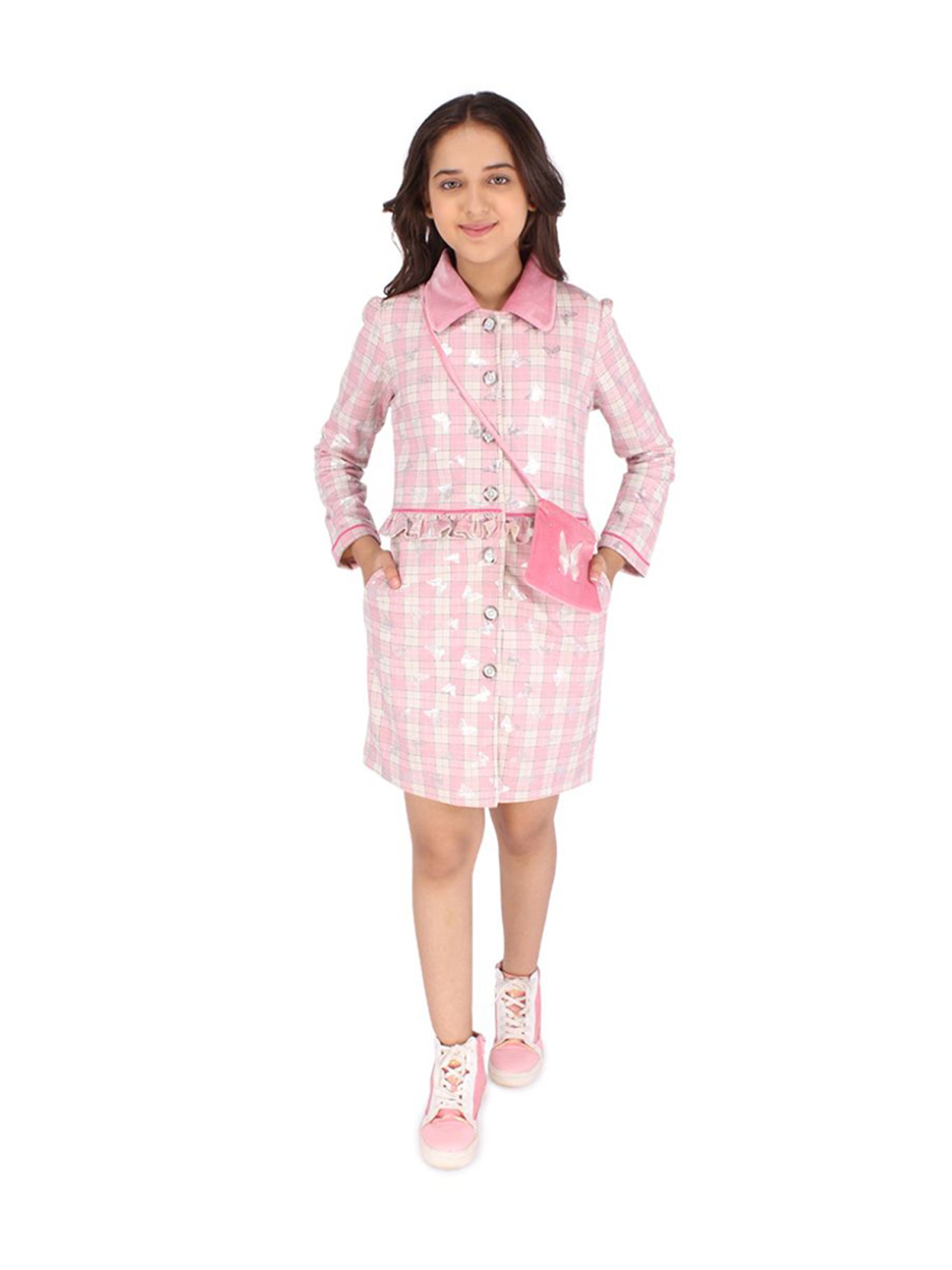 Cutecumber Kids Pink Check Full Sleeves Dress with Sling Bag