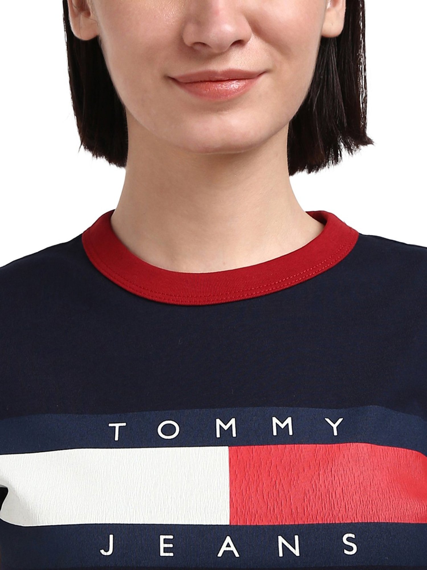 Tommy Hilfiger Navy Blue Cotton Printed Women T-Shirt