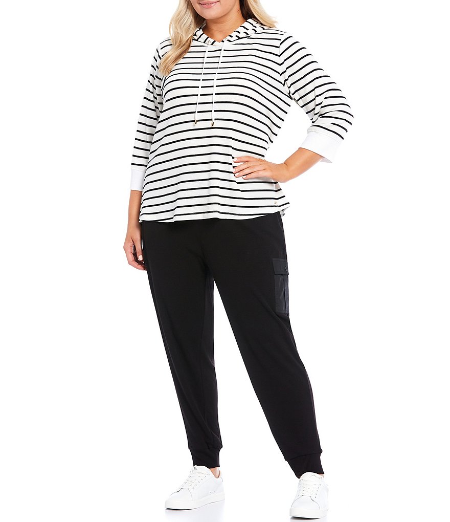 Calvin Klein Plus Size Stripe Print Knit 3/4 Sleeves Contrast Cuff Hoodie Pullover