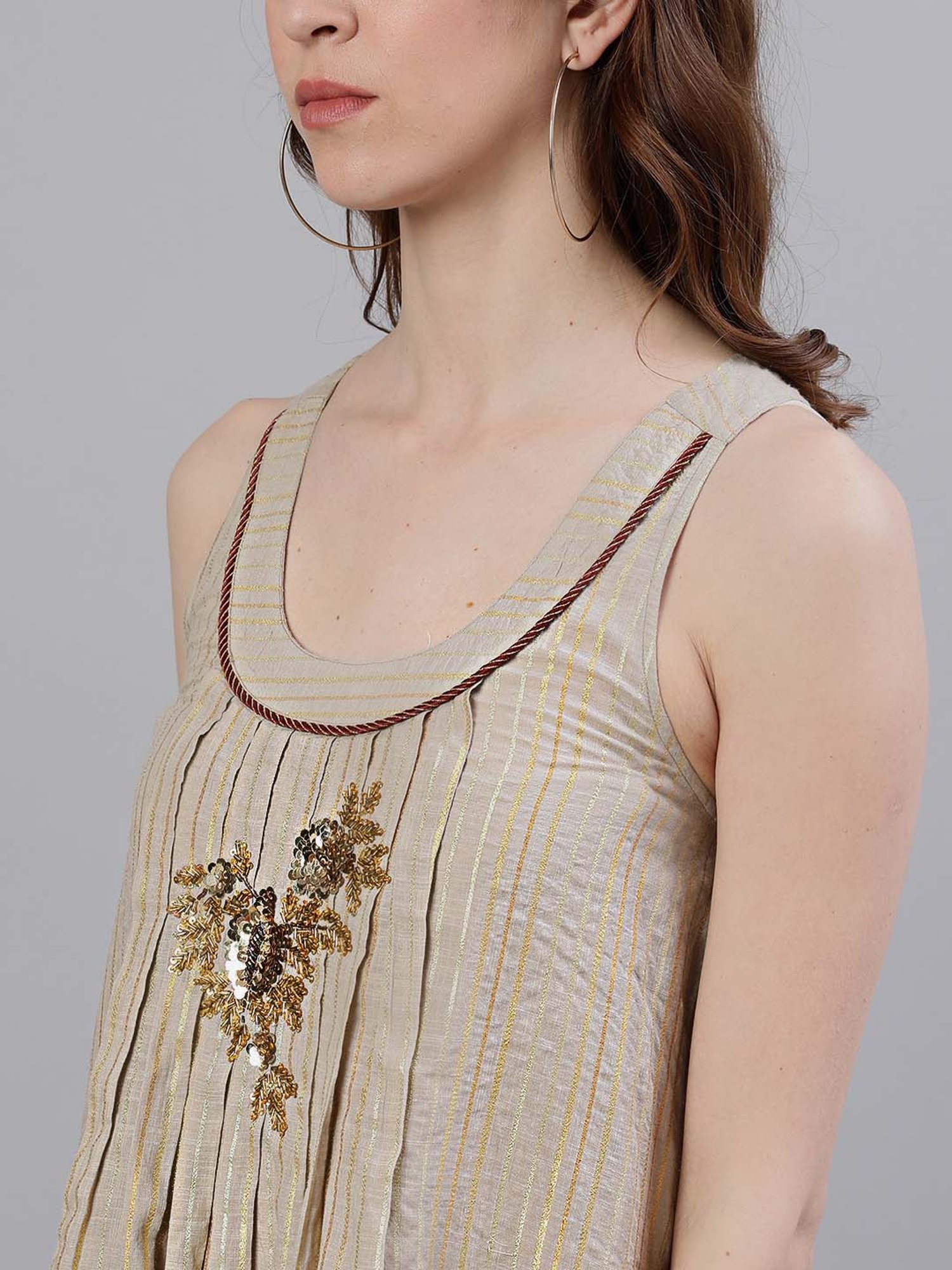 Ishin Beige Pure Cotton Embellished Top
