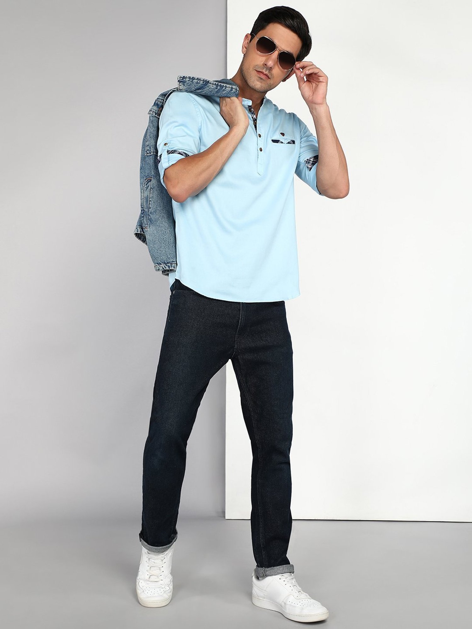 Kuons Avenue Light Blue Regular Fit Cotton Short Kurta