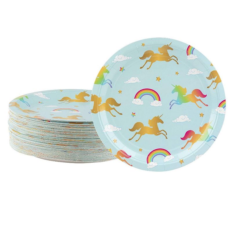 Blue Panda 80-Count Paper Disposable Plates, Rainbow Unicorn Party Supplies, Kids Birthdays, 9 x 9 inches