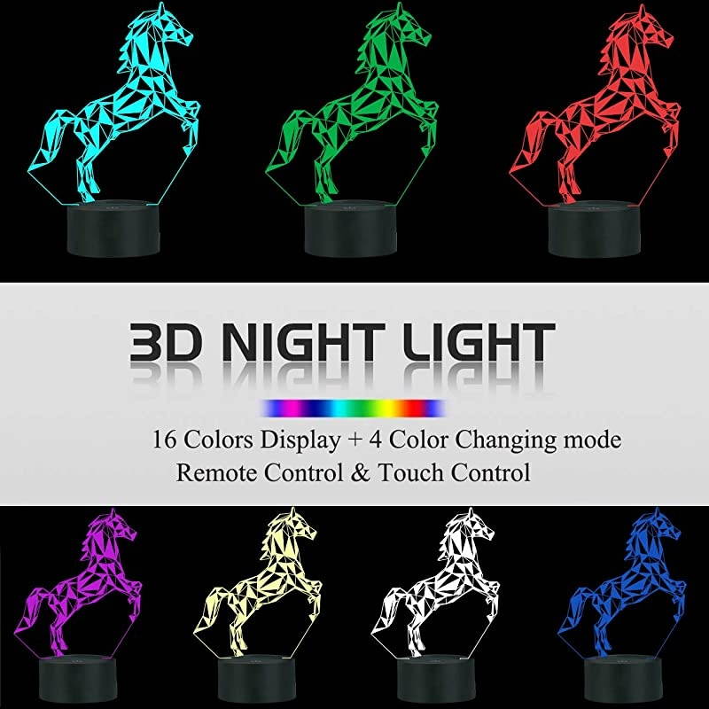 Horse 3D LED Lamp Night Light Projection with 16 Color Changing Baby Nursery Nightlight for Kids Room Home Decor Xmas Birthday Gifts