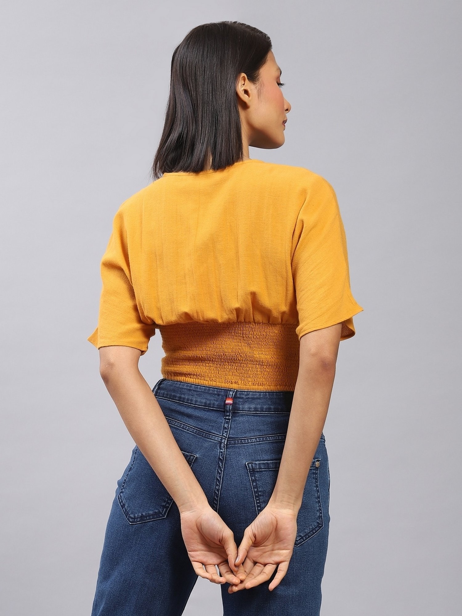 Label Ritu Kumar Green Cotton Blend Solid Cropped Zipper Top