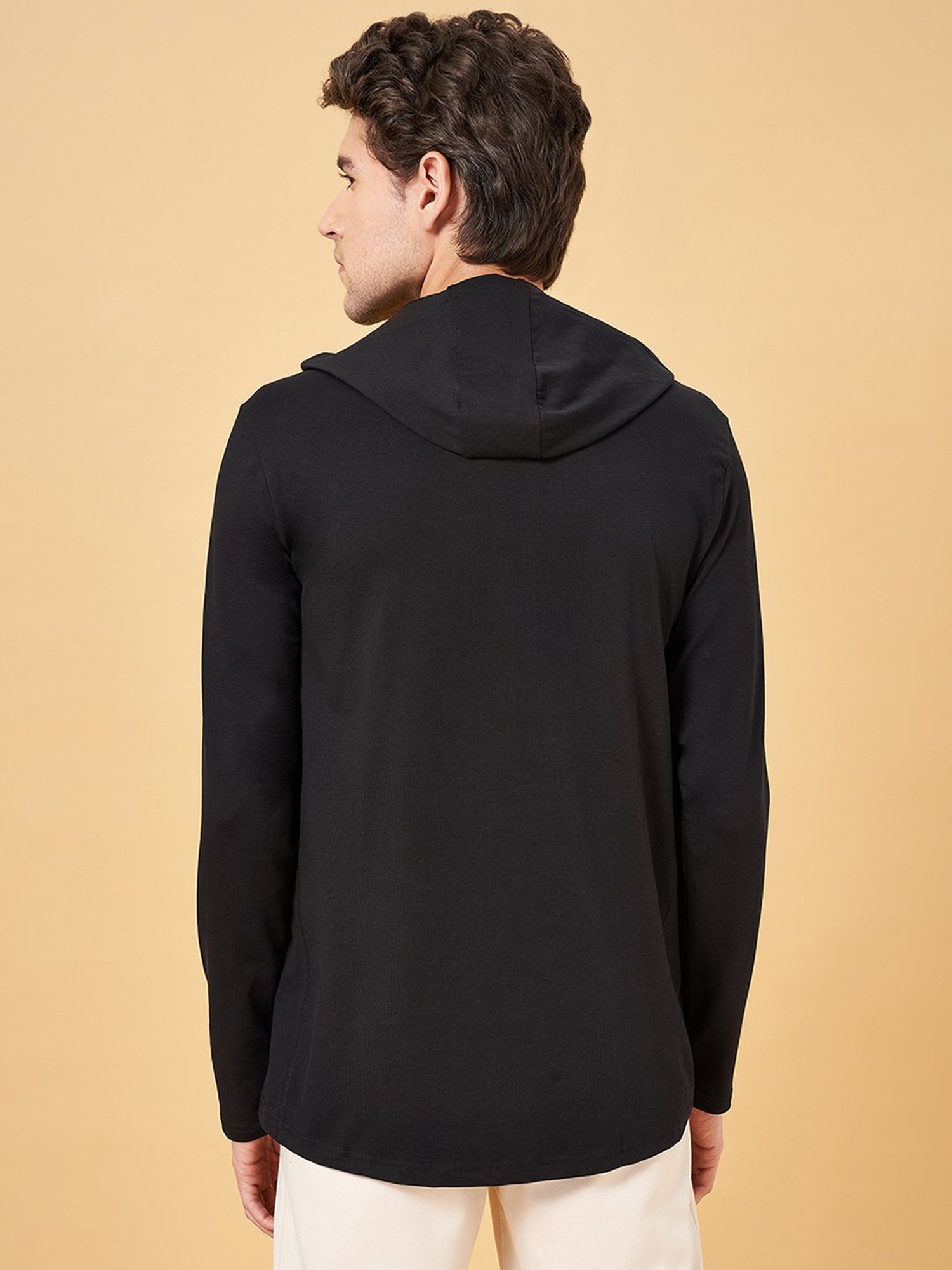 Ajile by Pantaloons Jet Black Slim Fit Graphic Print Hooded T-Shirt