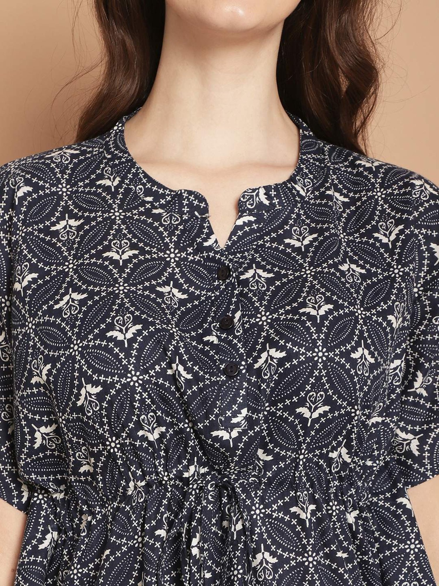 Kanvin Navy Cotton Printed Tunic Pyjamas Set