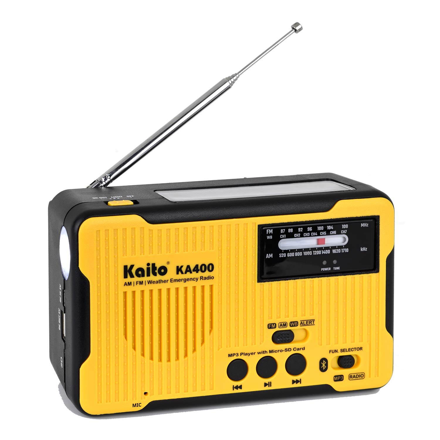 Kaito Voyager Scout Emergency Radio KA400 AM/FM NOAA Weather Alert 5-Way Powered Solar Crank Radio Receiver with Bluetooth, MP3 Player, LED Flashlight and USB Mobile Phone Charger