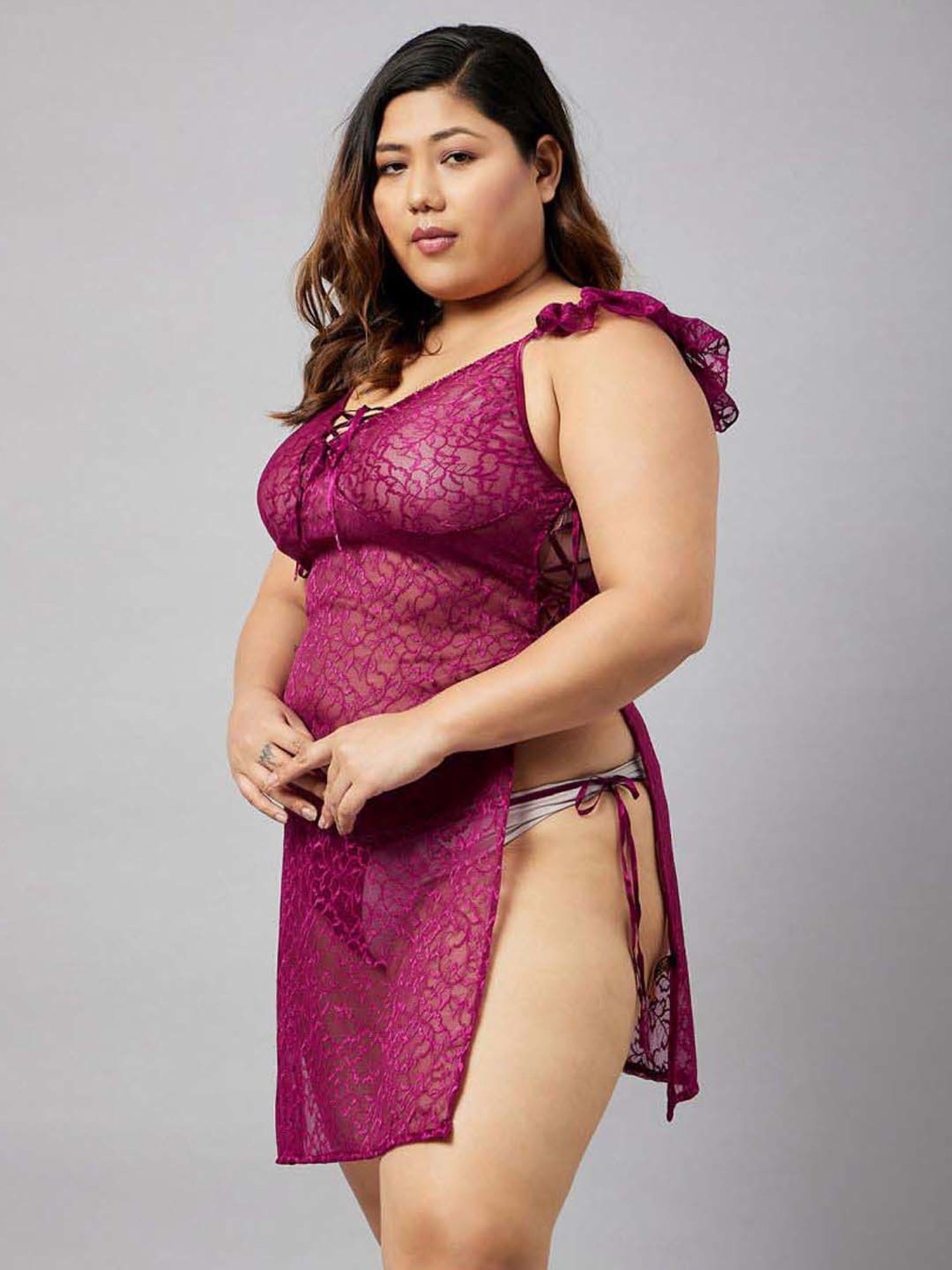 Secrets By ZeroKaata Purple & Black Lace Work Babydoll With Panty - Pack Of 2