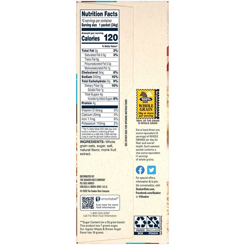 Quaker Lower Sugar Instant Oatmeal Maple & Brown Sugar - 10ct