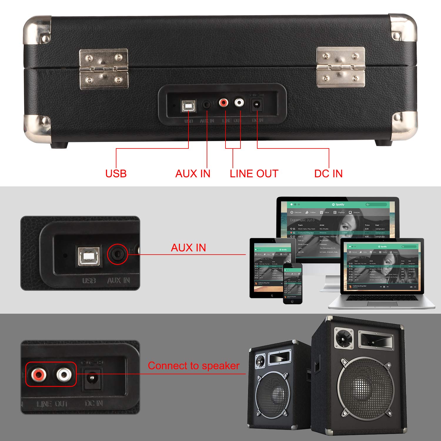 DIGITNOW Turntable Record Player 3speeds with Built-in Stereo Speakers, Supports USB / RCA Output / Headphone Jack / MP3 / Mobile Phones Music Playback,Suitcase Design(Black)