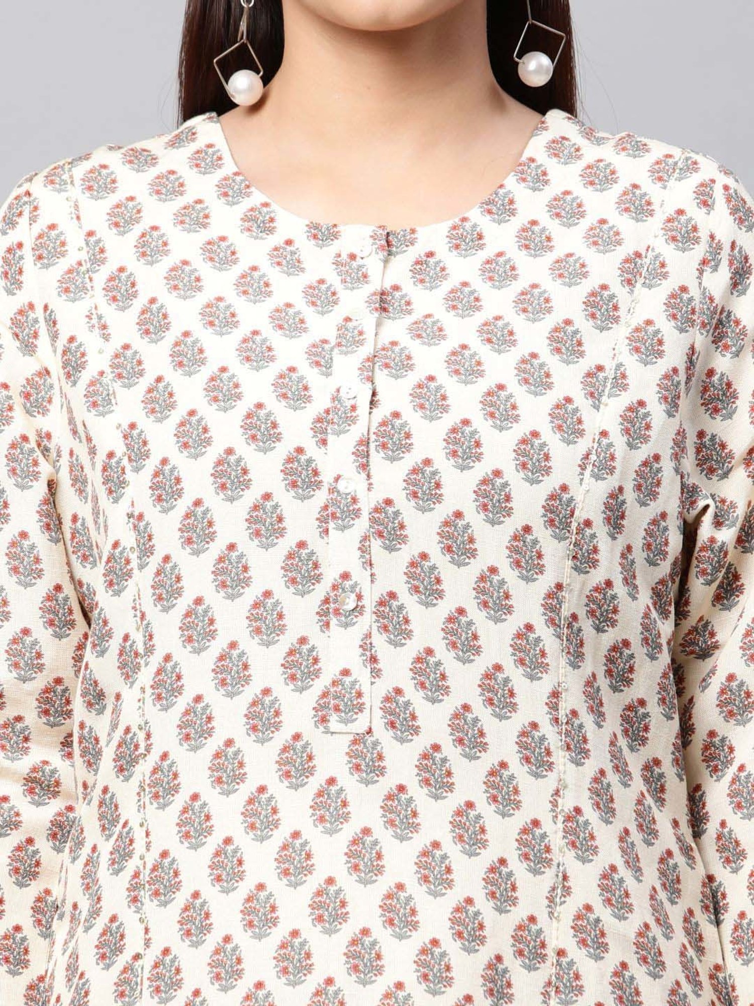 Linen Club Woman Beige Linen Floral Print Straight Kurta