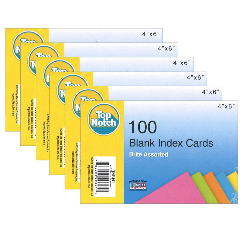 6pk 100 per pack 4" x 6" Blank Index Cards Brite Assorted - Top Notch Teacher Products