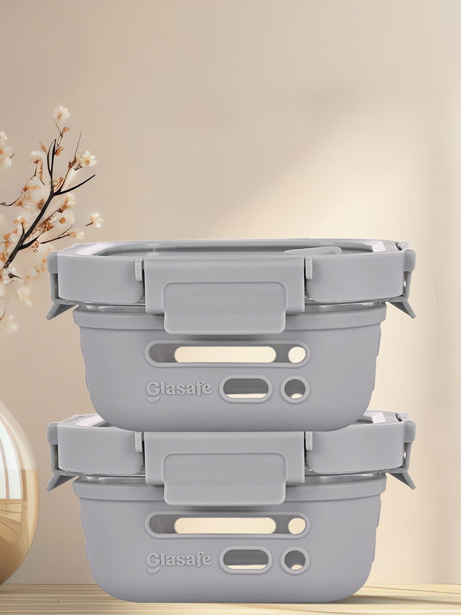 Glasafe Fresh Grip Grey Borosilicate Tiffin with Protective Silicone Sleeve - Set of 2 (520ml)