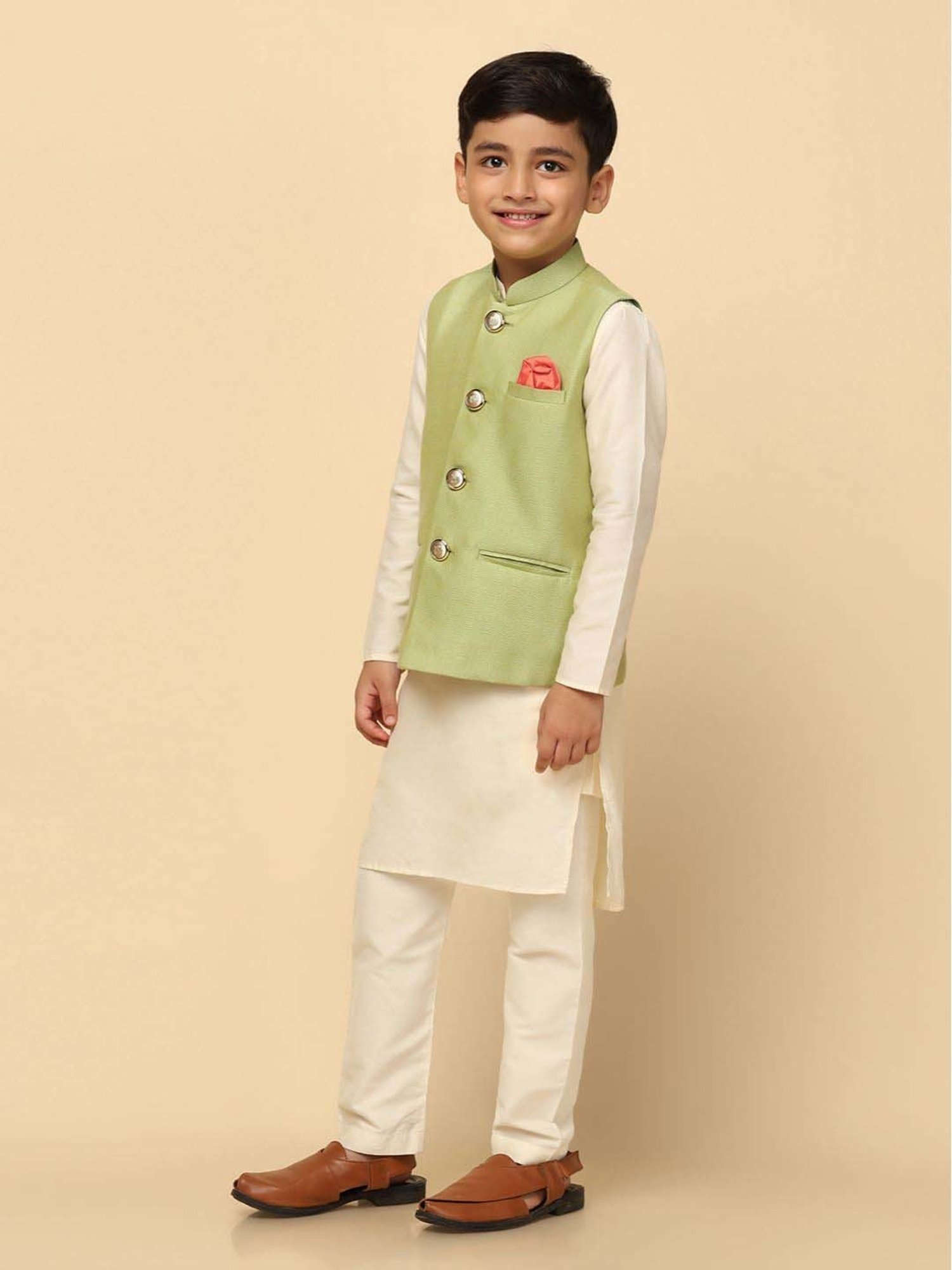 KISAH Kids Green & White Self Pattern Full Sleeves Kurta Set