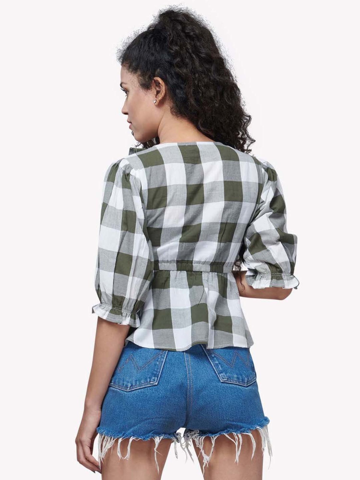 VASTRADO Green Cotton Chequered Top