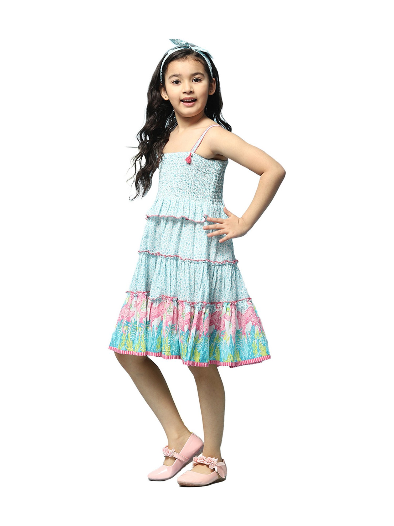 BIBA Girls Kids Turquoise Blue Cotton Printed Dress