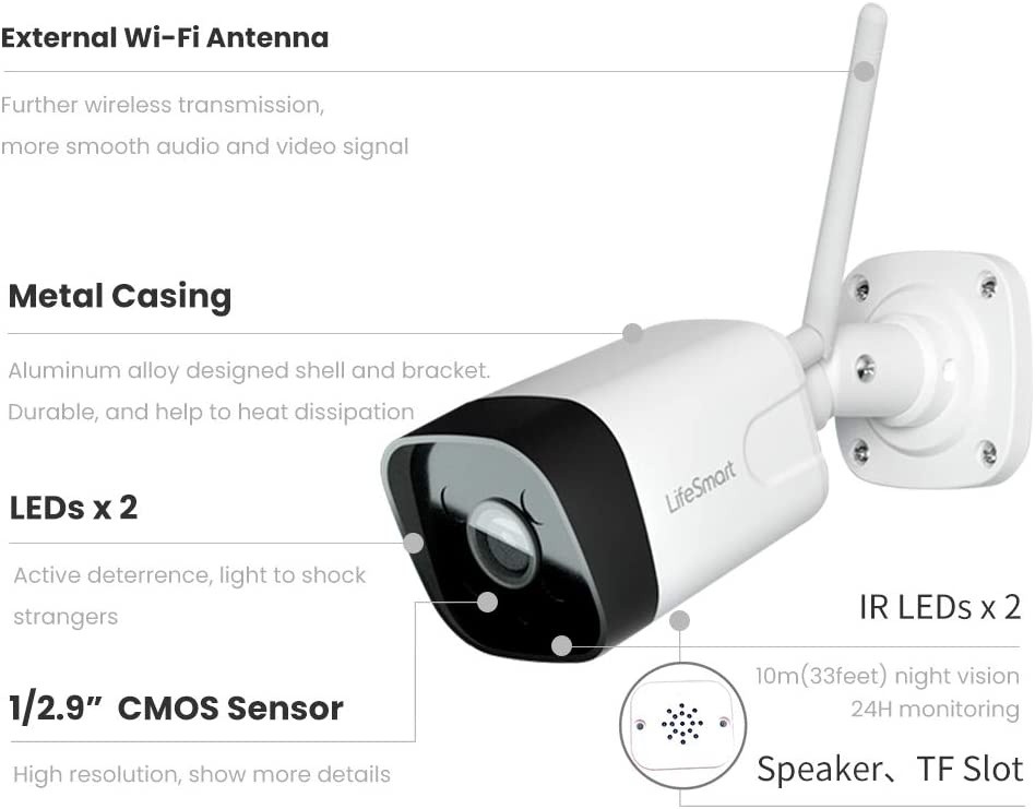 LifeSmart Outdoor Security Camera, 1080P WiFi Camera Bullet Surveillance Cameras, IP Camera with Two-Way Audio, IP66 Waterproof, Night Vision, Motion Detection, Activity Alert, Deterrent Alarm (White)