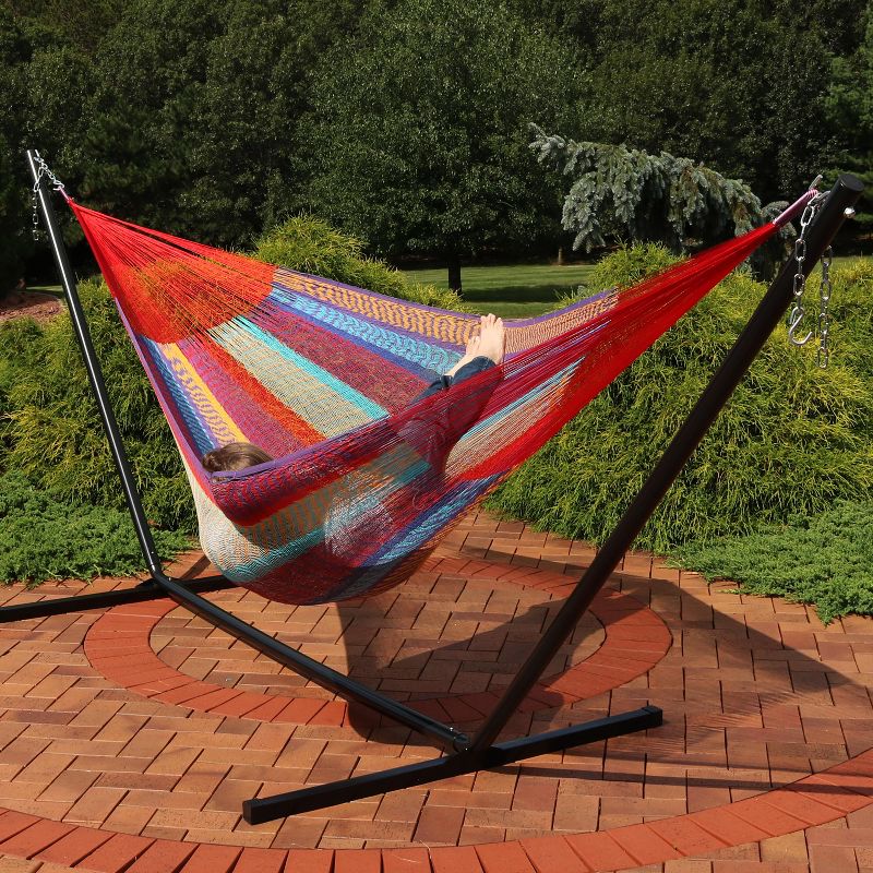 Hand-Woven Mayan Hammock and Stand Family Size - Light Blue/Red/Yellow - Sunnydaze Decor