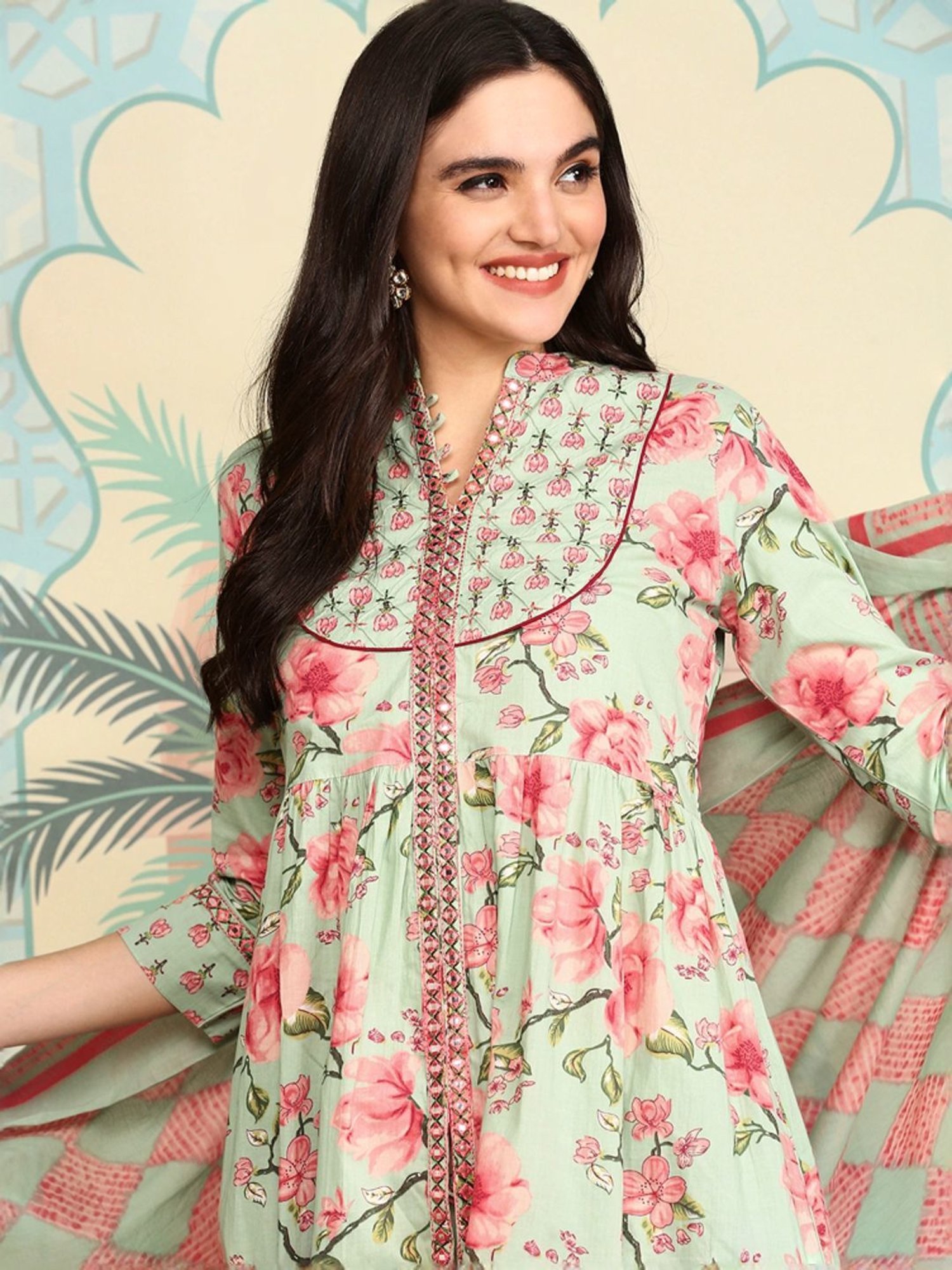Ishin Green & Pink Floral Print Kurta & Pants Set with Dupatta