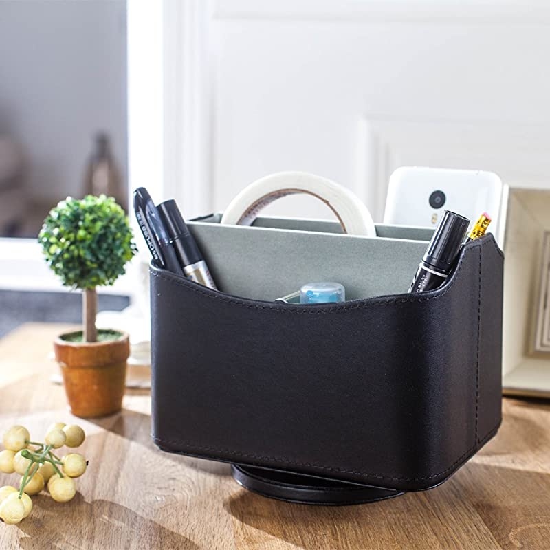 Colorful PU Leather 360 Degrees Rotatable Remote ControlController Organizer Spinning TV GuideMailMedia Desktop Organizer Caddy Holder Pure Black