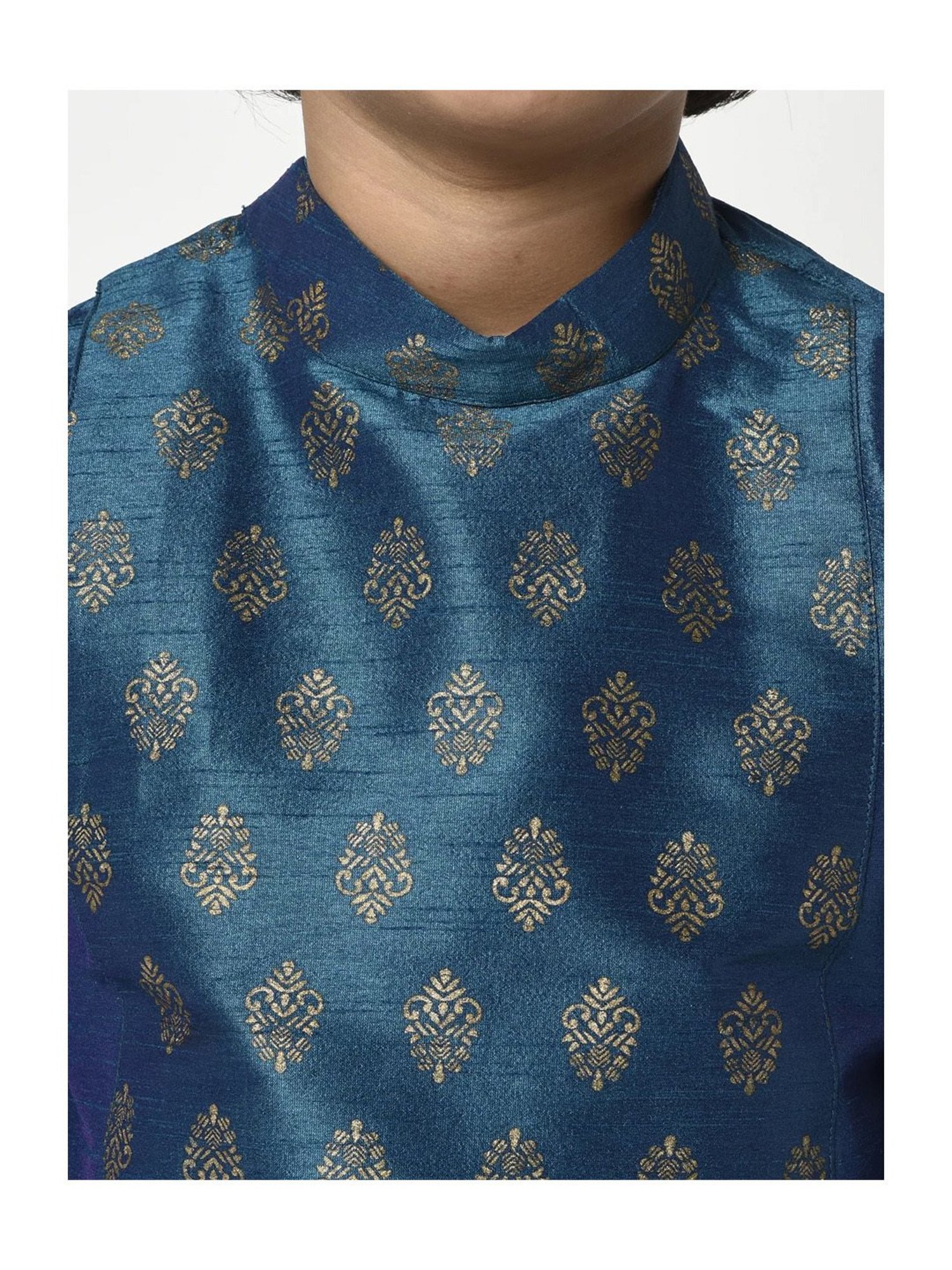Deyann Kids Blue & Gold Self Design Full Sleeves Kurta with Dhoti