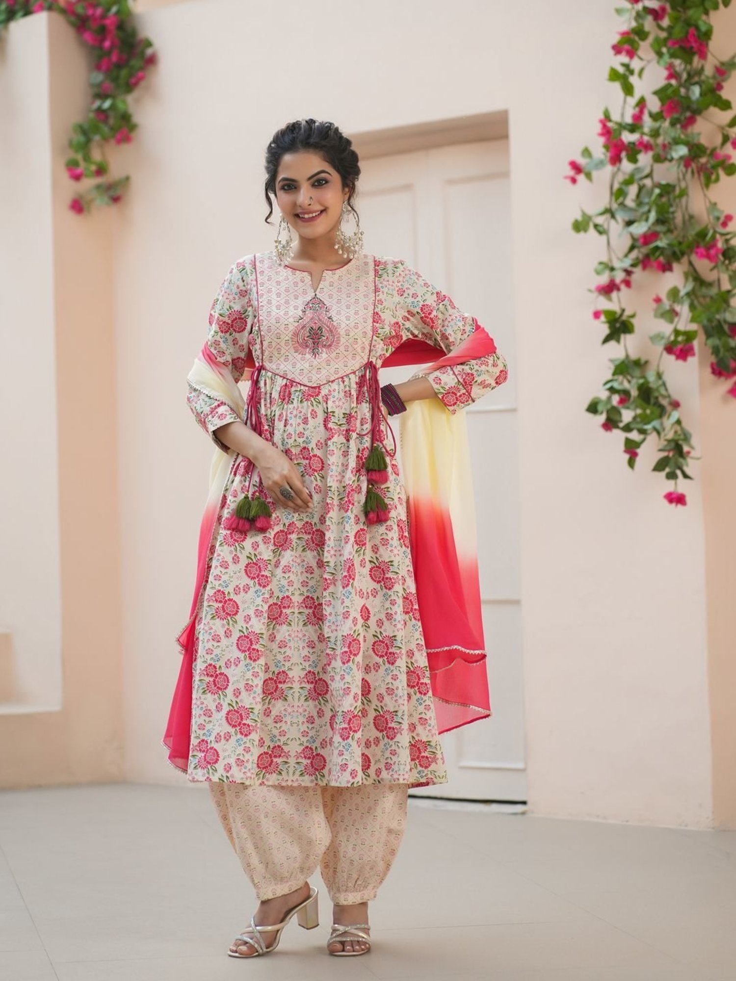 Rain and Rainbow Cream Cotton Embroidered Kurta & Salwar Set With Dupatta
