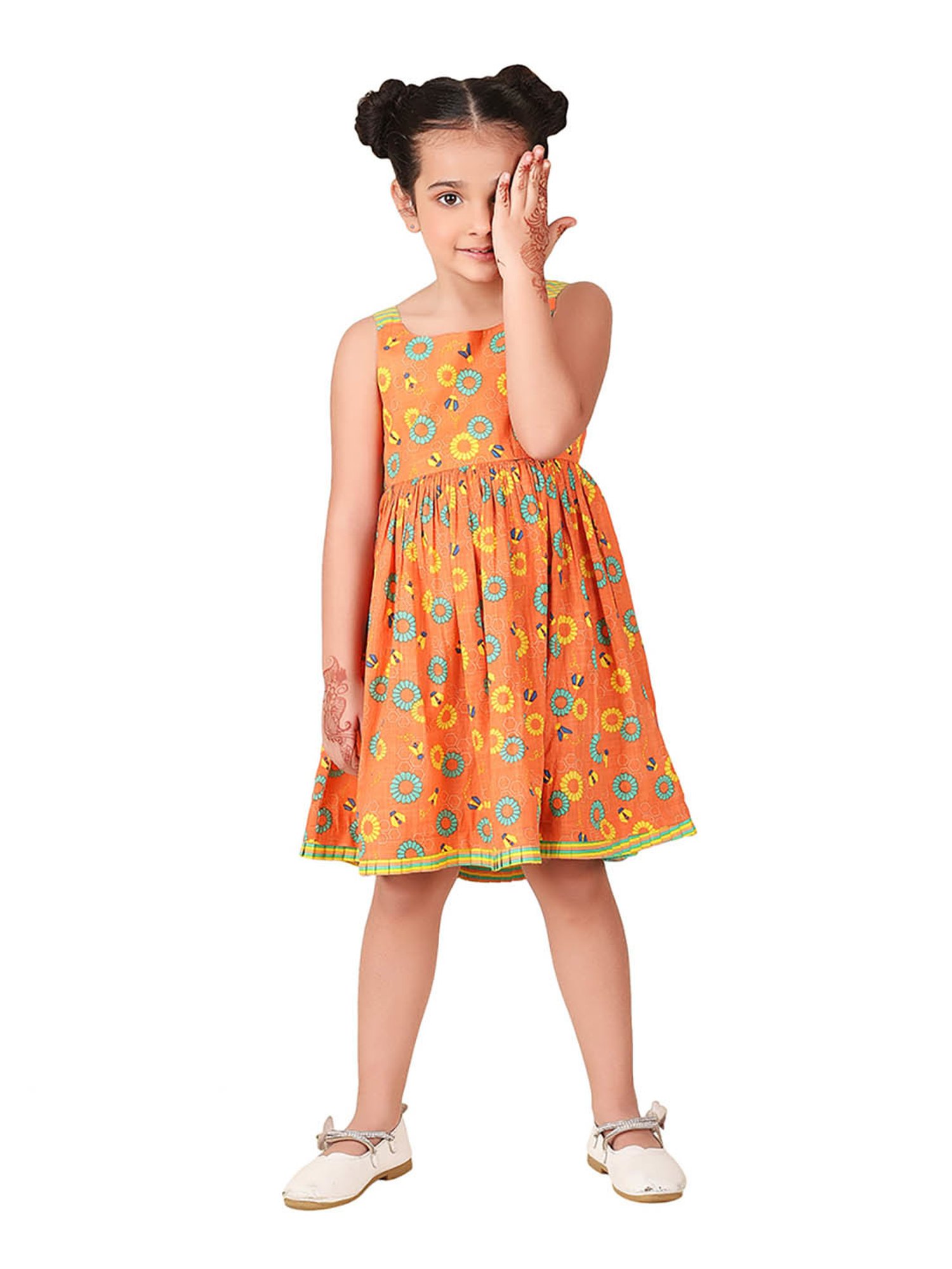 Fabindia Kids Orange Floral Print Dress