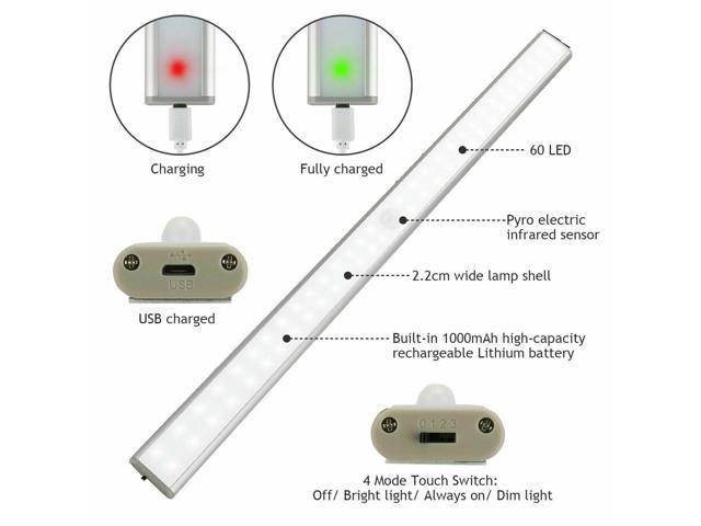 60 LED Motion Sensor Under Cabinet Closet Light USB Rechargeable Kitchen Lamp US