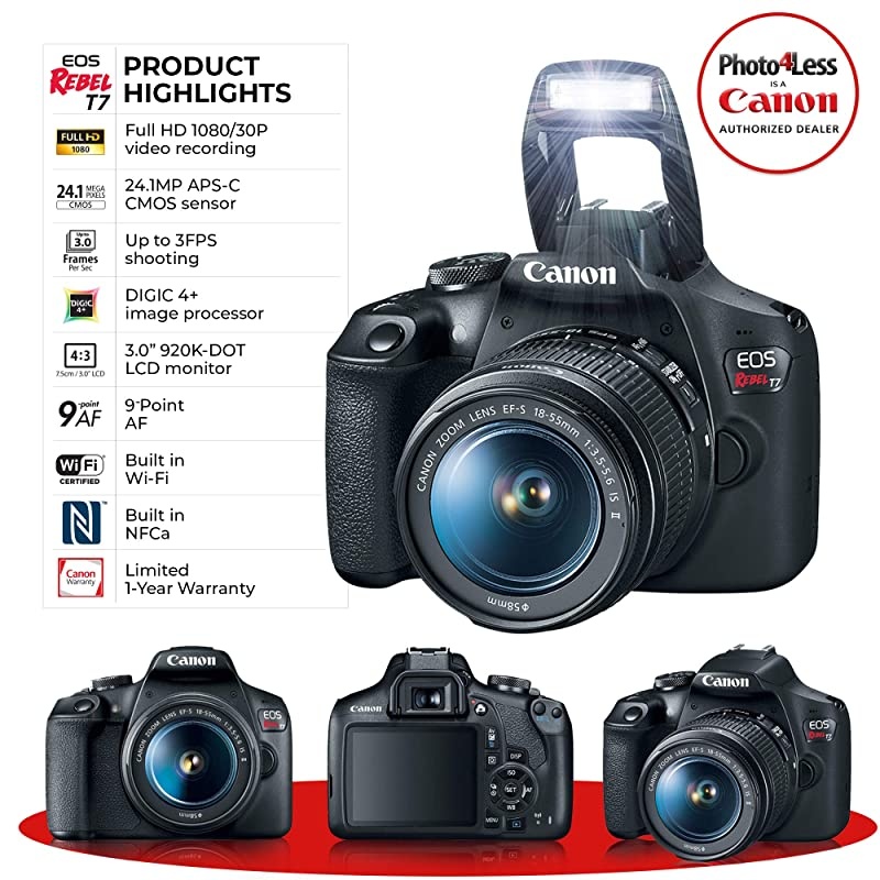 EOS Rebel T7 Digital SLR Camera with 18-55mm EF-S f/3.5-5.6 is II Lens + 58mm Wide Angle Lens + 2X Telephoto Lens + Flash + 64GB SD Memory Card + UV Filter Kit + Tripod + Full Accessory Bundle