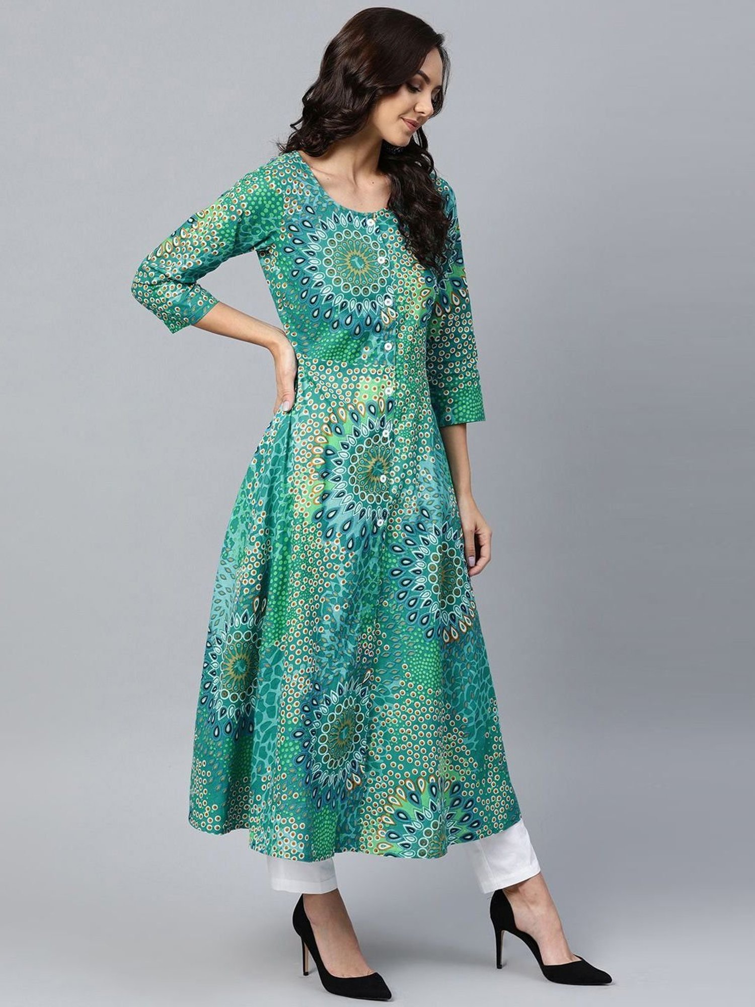 Jompers Green Cotton Floral Print Flared Kurta