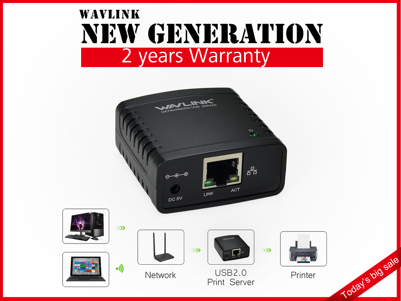 Wavlink 100Mbps Print Server USB 2.0 Printer Network LPR Print Server Share LAN Networking Adapter Hub MFP Printer share printers usb devices over wired ethernet