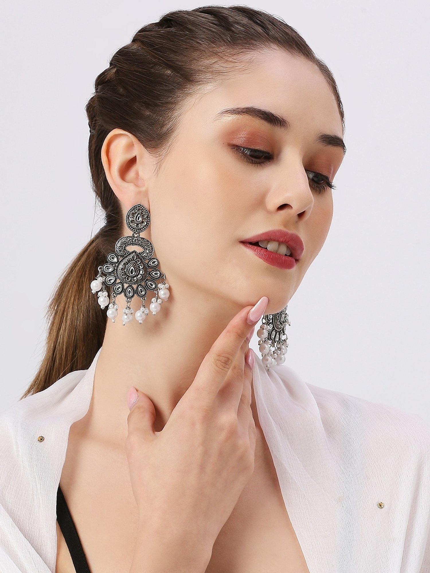 Oomph Jewellery Oxidized Silver Ethnic Silver Look Alike Large with Kundan & Pearls Dangler Earrings