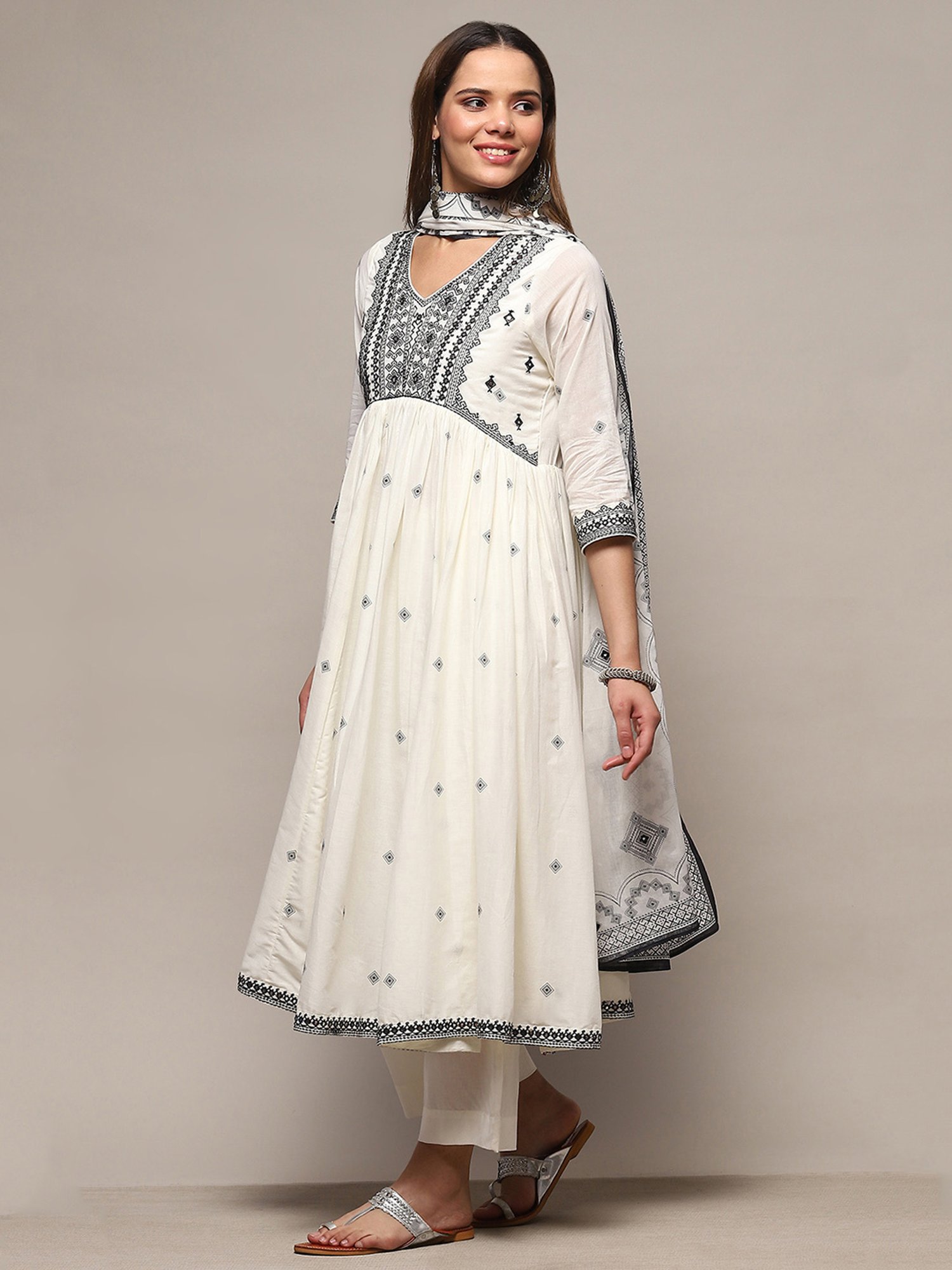 Biba Off White Embroidered Kurta With Palazzo & Dupatta
