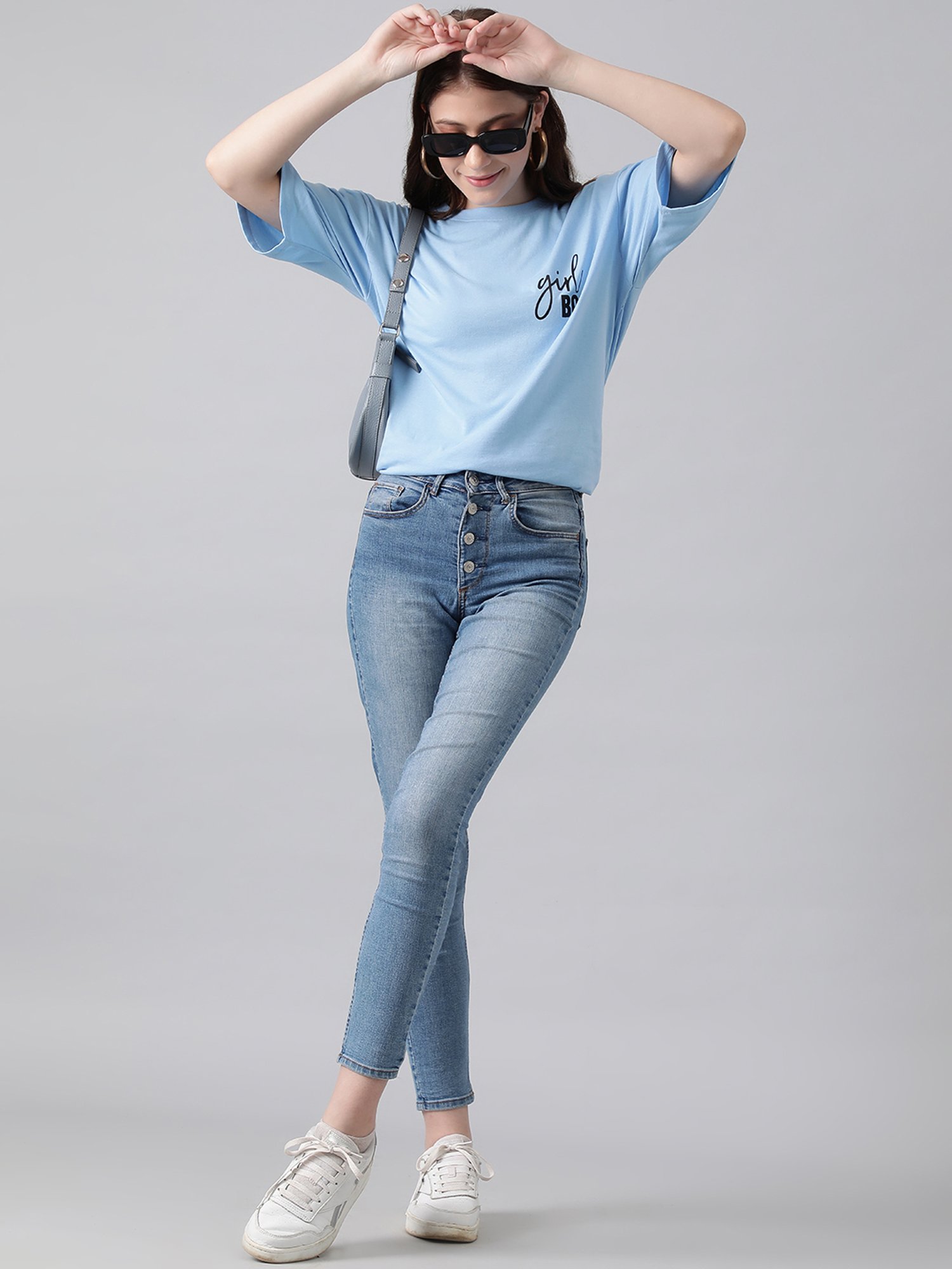 Kotty Light Blue Printed Oversized T-Shirt