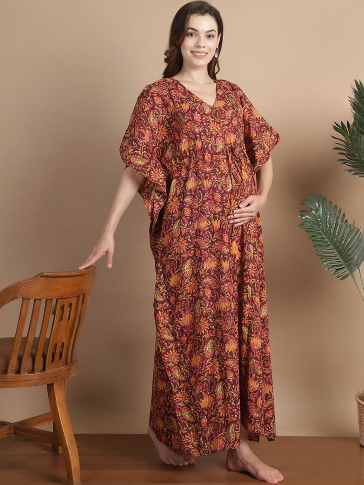 Secret Wish Brown Cotton Floral Print Kaftan