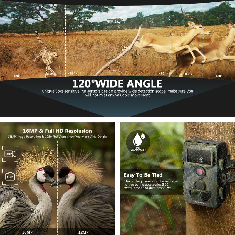Neewer Trail Game Camera 16MP 1080P HD Digital Waterproof Hunting Scouting Cam 120 Degree Wide Angle Lens with 0.3s Trigger Speed Motion Activated Night Vision for Wildlife Monitoring