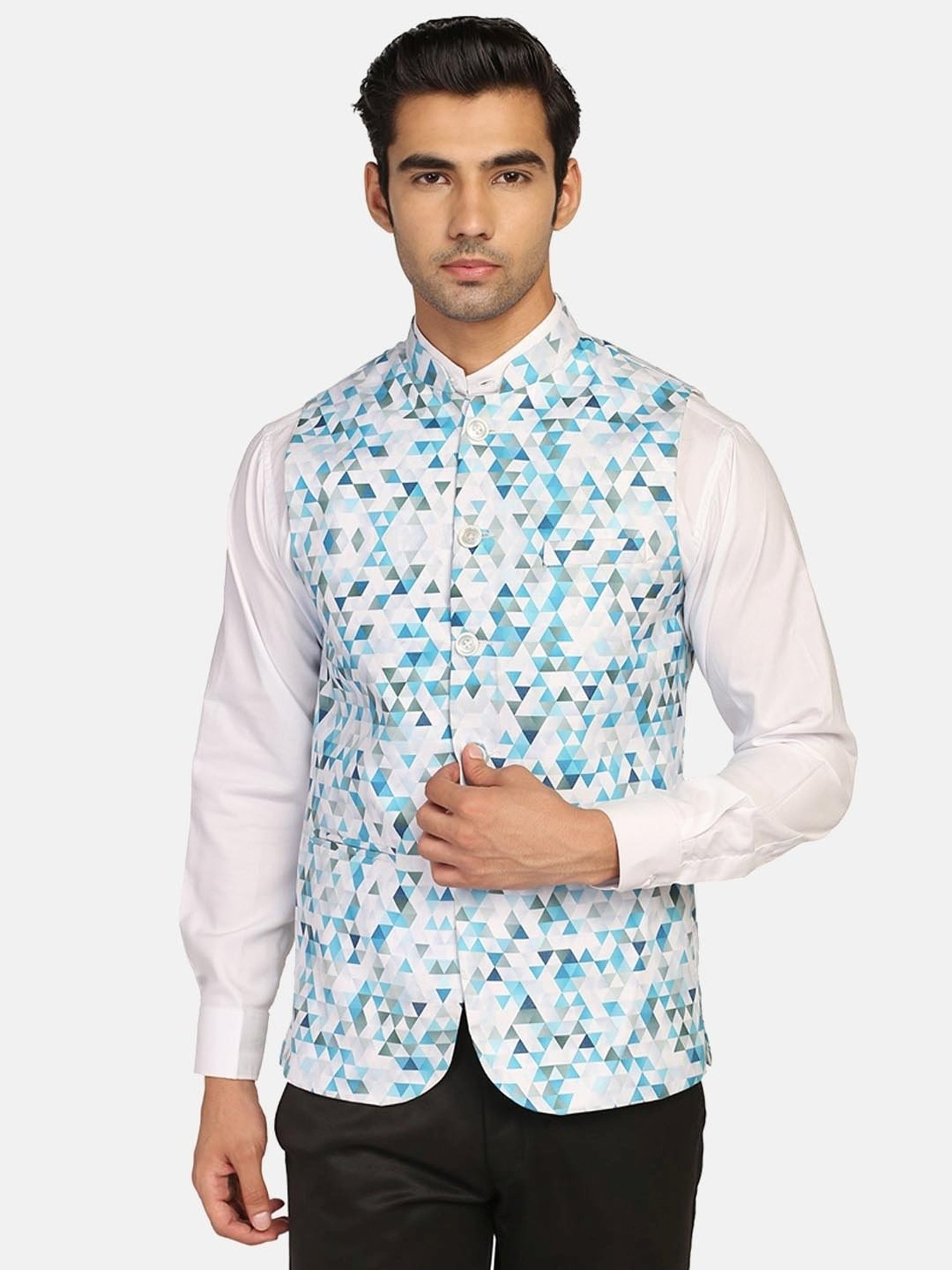 VASTRAMAY Teal Green Regular Fit Printed Nehru Jacket