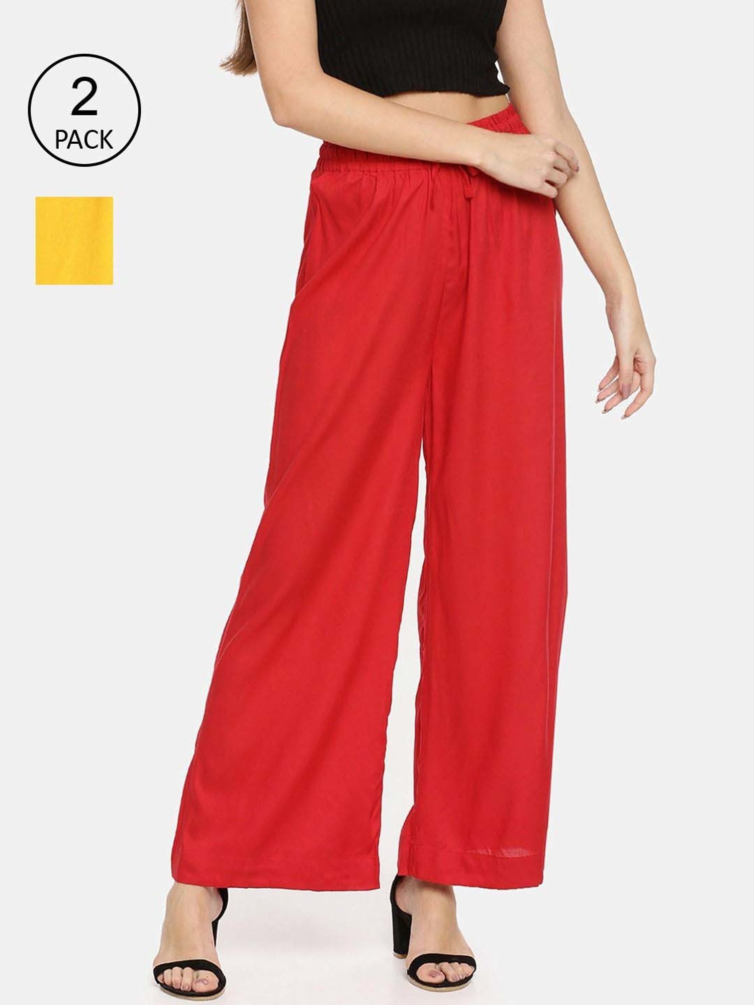 TWIN BIRDS Red & Yellow Mid Rise Palazzos - Pack Of 2