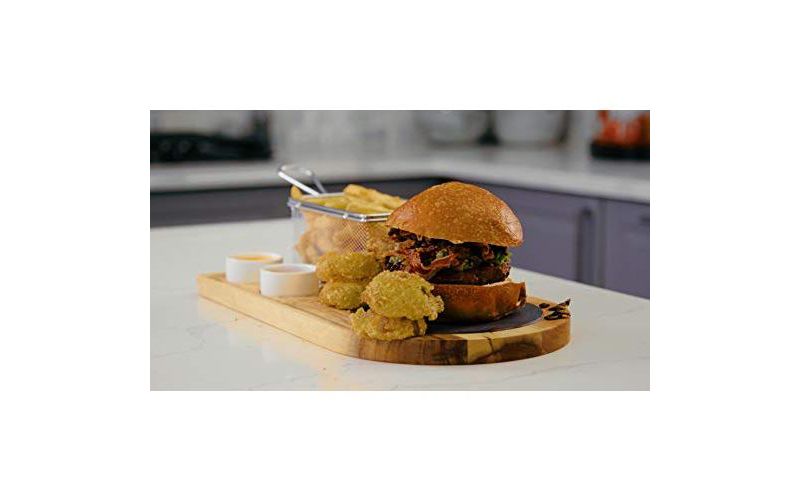 Yukon Glory Burger Board Set, Includes Premium Acacia Wood Board With Slate, Stainless Steel Fry Basket, Porcelain Condiment Cups