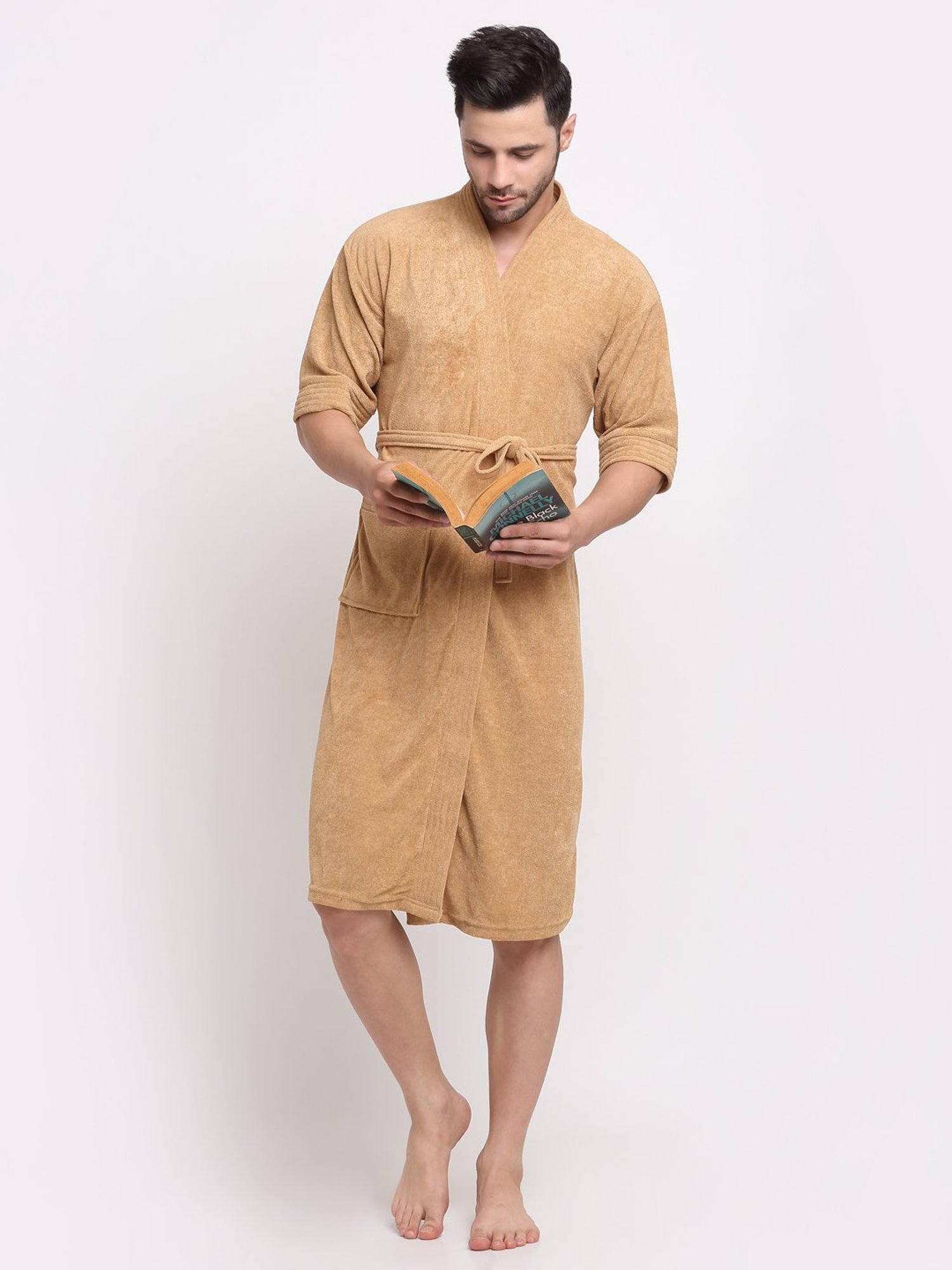 Creeva Everyday Camel 225 GSM Micro Terry Bathrobe with Front Pocket & Kimono Collar
