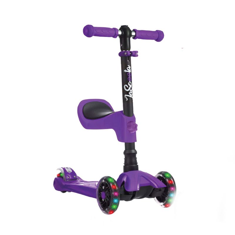 LaScoota Toddler Girl and Boy Kids Adjustable Kick Scooter with Light Up Wheels and Removable Seat, (Purple)