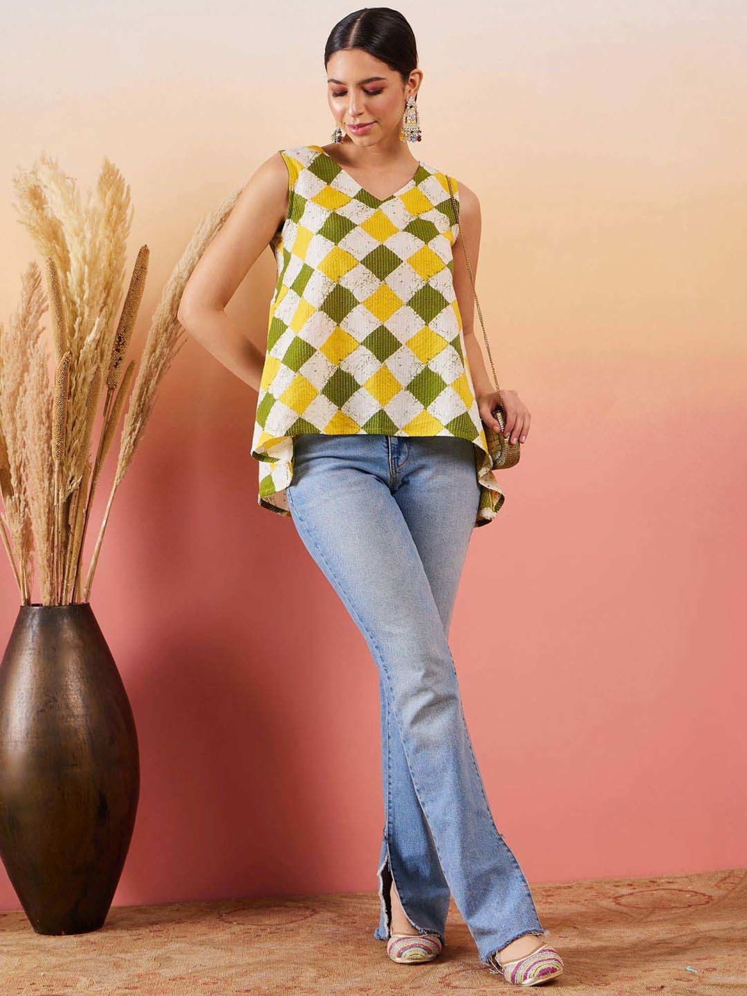 Inweave Yellow & Green Cotton Chequered Top