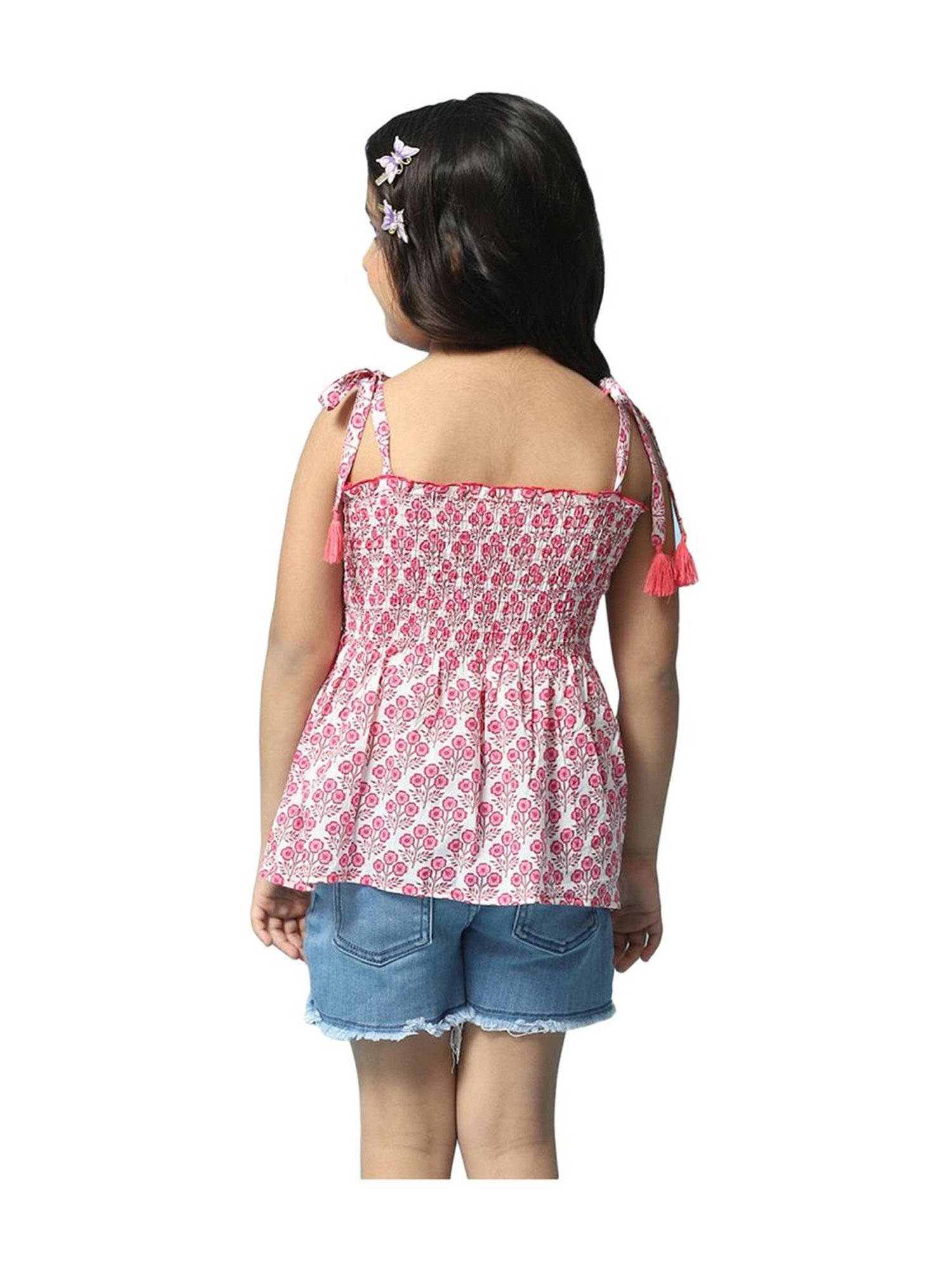 BIBA Girls Pink & White Cotton Printed Top