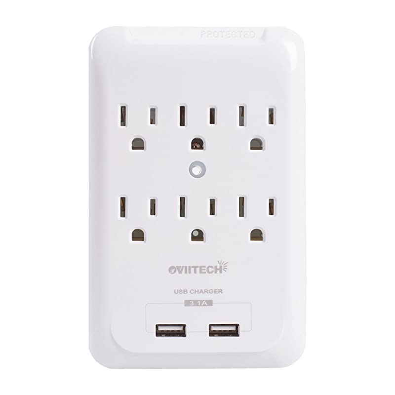 Multi-Function Wall Mount Outlet Adapter, Surge Protector Charging Station,  Dual 2.1AMP USB Charging Ports,6 AC Socket Outlet Splitter Plugs,White,ETL Certified