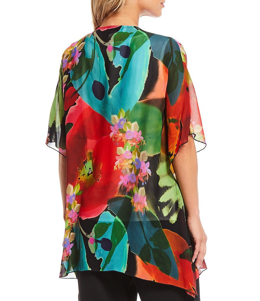 Caroline Rose Georgette Floral Print Short Sleeve Draped Caftan